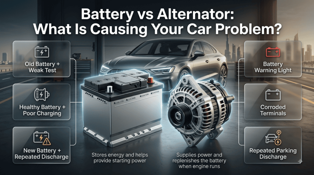 Comparison of car battery and alternator problems showing weak starting, poor charging, repeated discharge, and warning light symptoms.