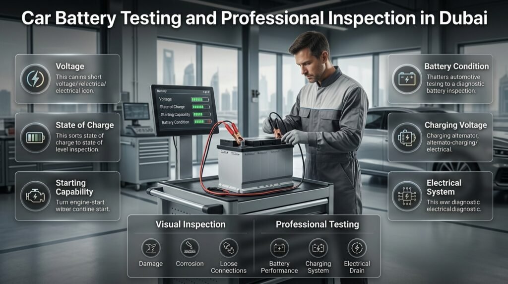 Professional car battery testing in Dubai showing voltage, charge, starting capability, charging system, and electrical drain checks.