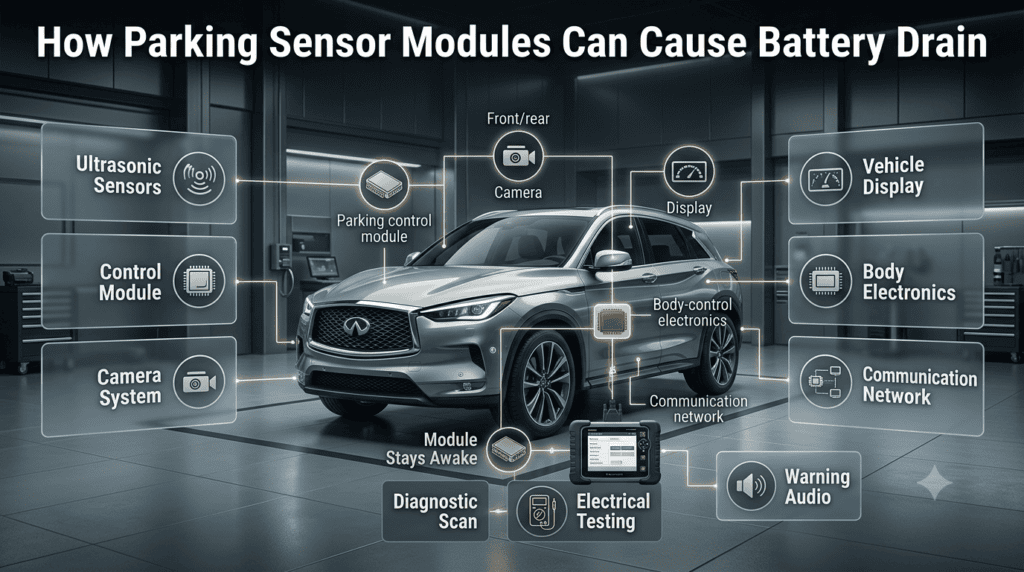 Parking sensor module infographic showing sensors, cameras, control units and vehicle electronics linked to possible battery drain.
