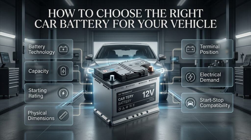 How to choose the right car battery based on vehicle specifications, capacity, starting rating, size, terminals, and technology.