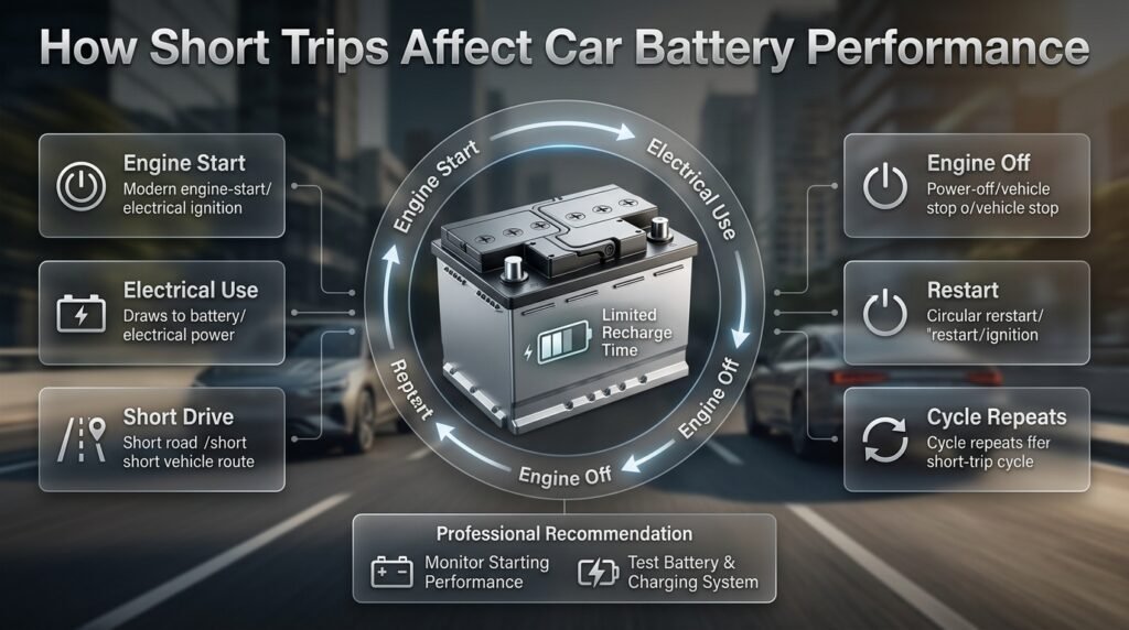 Short-distance driving repeatedly starts the engine without enough driving time to fully restore battery charge through the charging system.