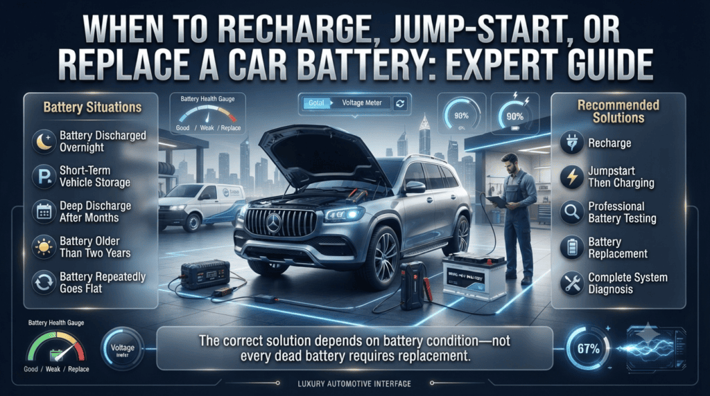 Premium infographic comparing battery charging, jumpstarting, and replacement, helping Dubai drivers choose the correct solution for different battery conditions.