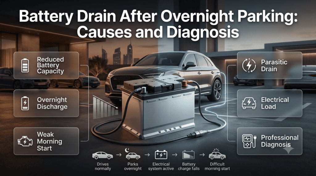 Car battery draining overnight due to reduced battery capacity or parasitic electrical load, requiring proper electrical diagnosis.