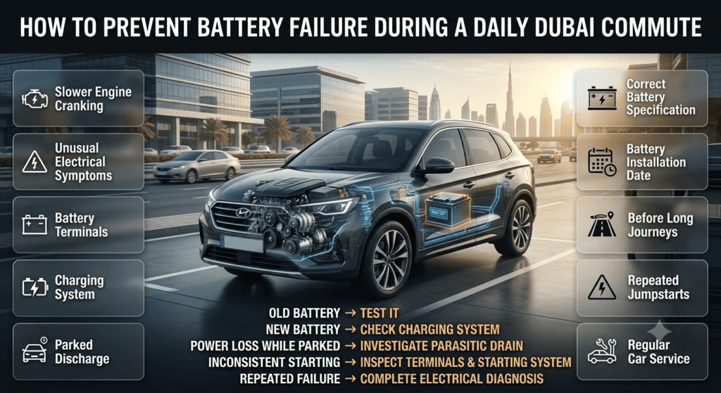 Prevent car battery failure during Dubai commutes with battery testing, terminal checks, charging inspections, and electrical diagnosis
