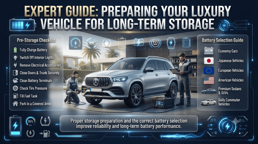 Premium infographic showing a pre-storage vehicle checklist and recommended battery selection guide for different vehicle types in Dubai.