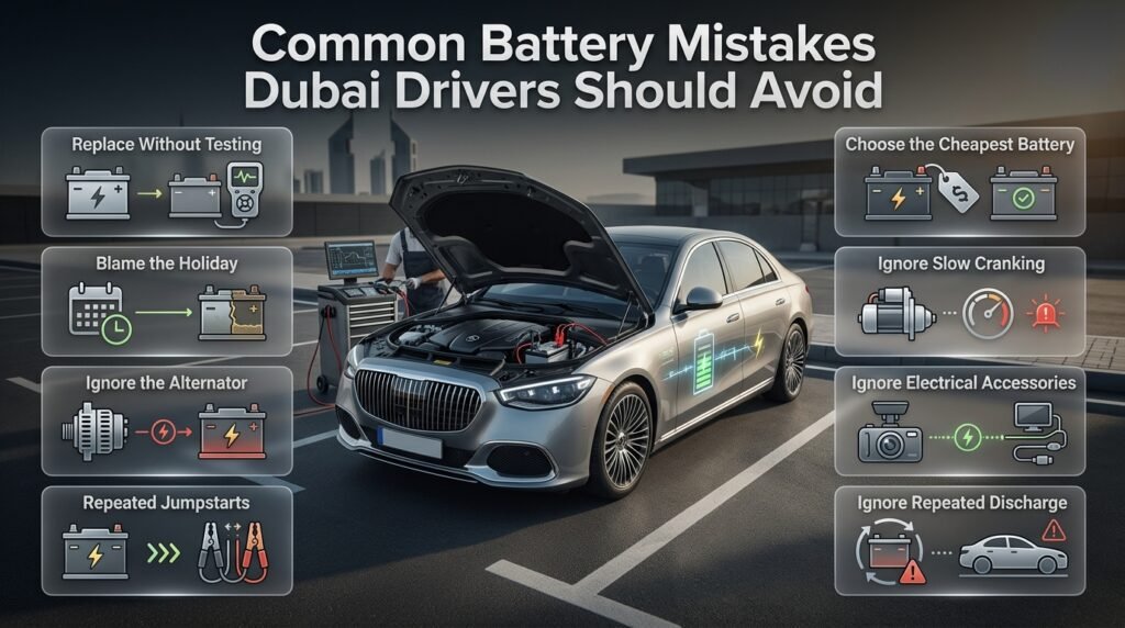 Common car battery mistakes Dubai drivers should avoid, including skipping testing, repeated jumpstarts, ignoring alternator faults, and drain.
