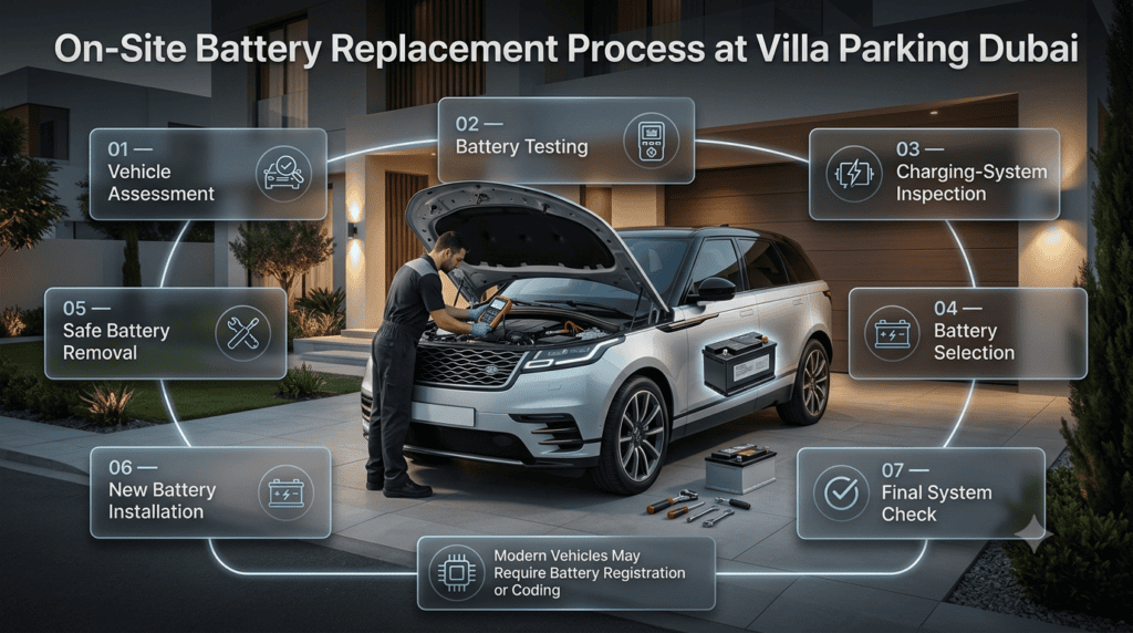 Step-by-step on-site car battery replacement at Dubai villa parking from diagnosis and testing to installation.