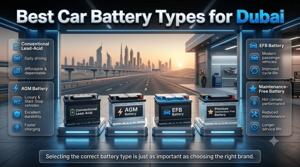 Premium infographic comparing the best car battery types for Dubai, including Lead-Acid, AGM, EFB, and Maintenance-Free batteries with their ideal applications and advantages.