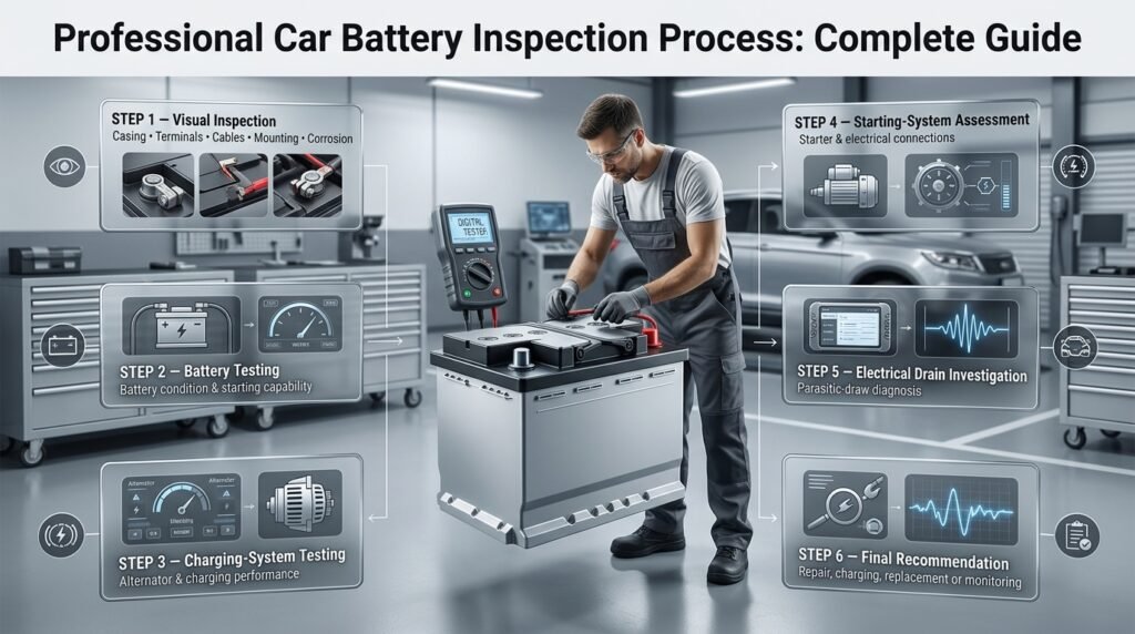 Professional car battery inspection showing visual checks, battery testing, alternator testing, starter assessment, and electrical diagnosis