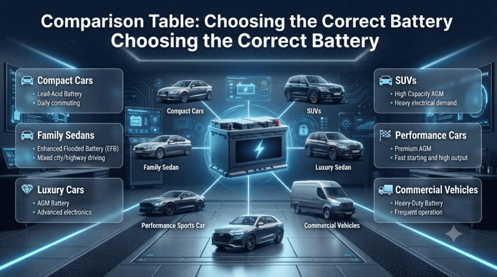 Infographic comparing recommended car batteries for compact cars, family sedans, luxury cars, SUVs, performance cars, and commercial vehicles with their typical driving applications.