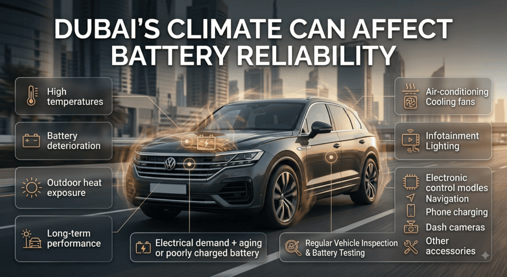 Infographic showing Dubai heat, vehicle electrical systems, and factors affecting long-term car battery reliability