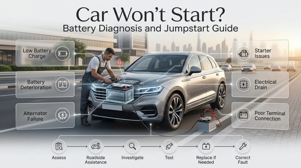 Car won’t start in Dubai: battery diagnosis, jumpstart, charging system testing, and electrical fault inspection guide