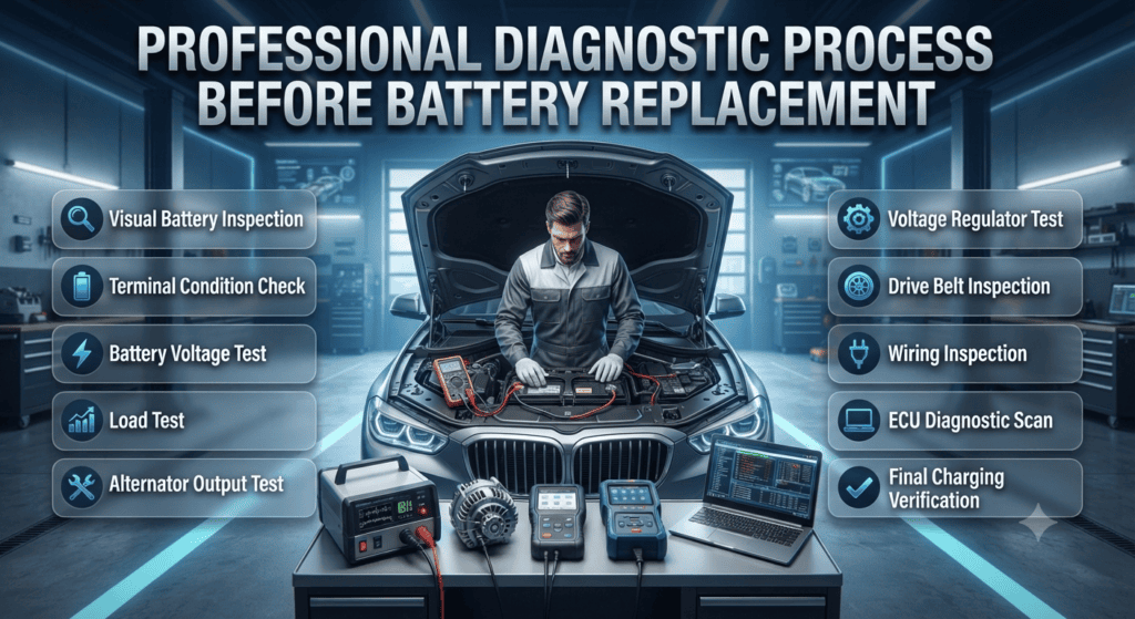 Professional technician performing a complete vehicle charging system diagnosis before battery replacement, including voltage testing, alternator inspection, ECU scan, and battery load testing.