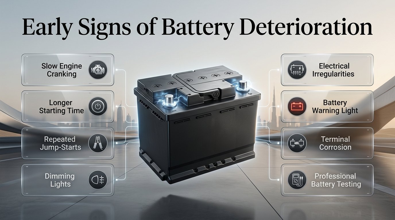 Early signs of car battery deterioration in Dubai, showing a weak battery, slow starting, warning lights, and battery inspection. Early Signs of Battery Deterioration in Dubai