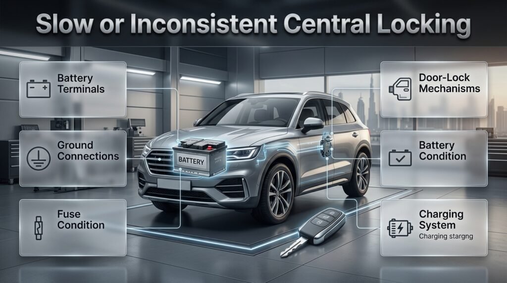 Car with slow or inconsistent central locking, showing weak battery and electrical system warning signs