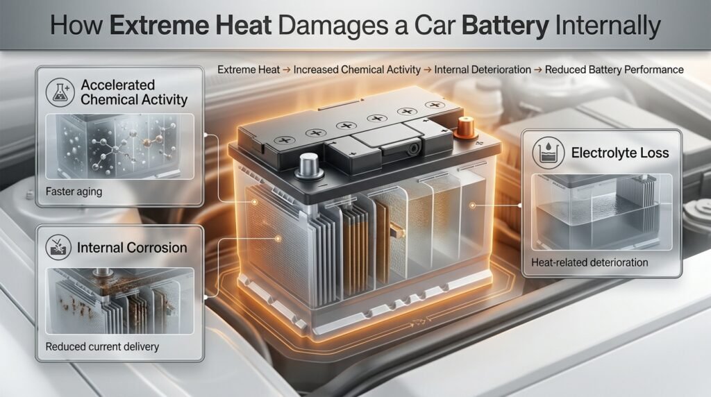 Car battery during extreme heat showing accelerated chemical activity, internal corrosion, electrolyte loss, and battery aging