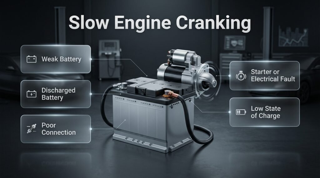Slow engine cranking infographic showing weak battery, poor connections, starter faults, and low battery charge symptoms
