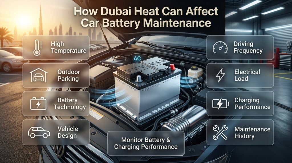 Dubai heat affecting car battery maintenance, with outdoor parking, air conditioning, electrical load, and battery inspection