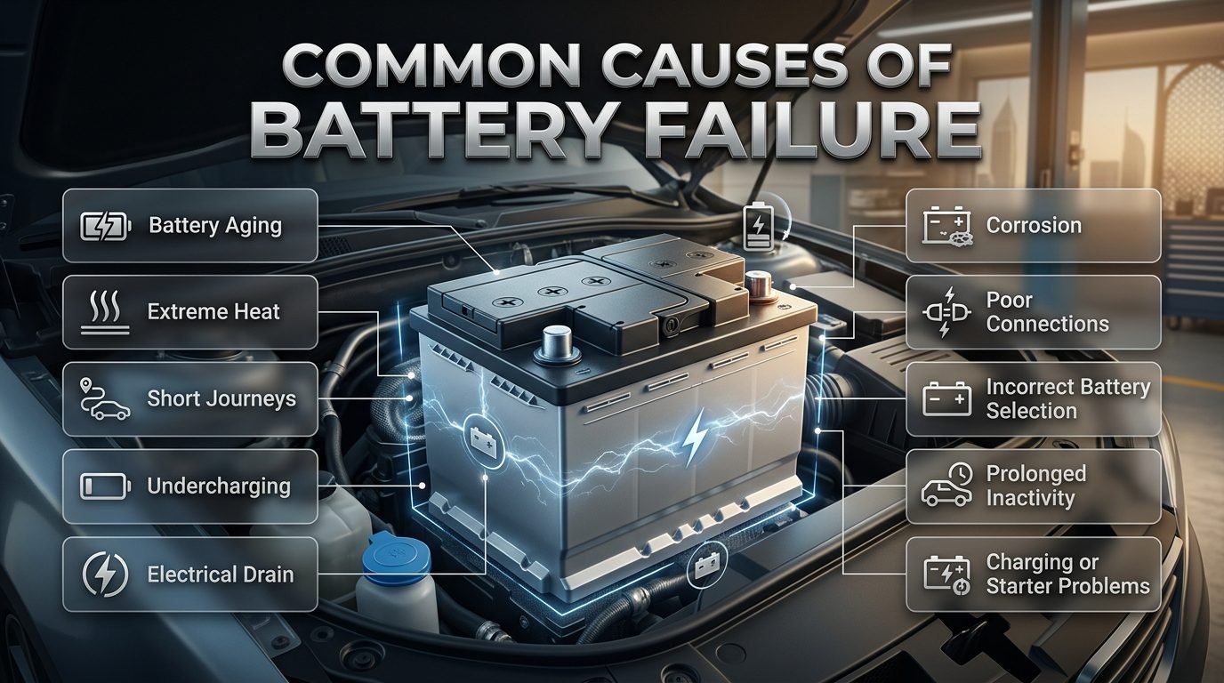 Common causes of car battery failure in Dubai, including heat, short trips, electrical drain, corrosion, and battery aging. Common Causes of Battery Failure in Dubai