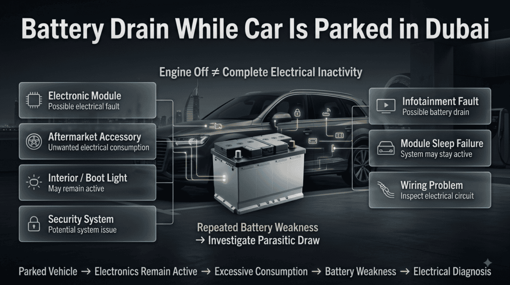 Battery drain while a car is parked in Dubai showing parasitic draw causes including lights, modules, accessories and wiring faults