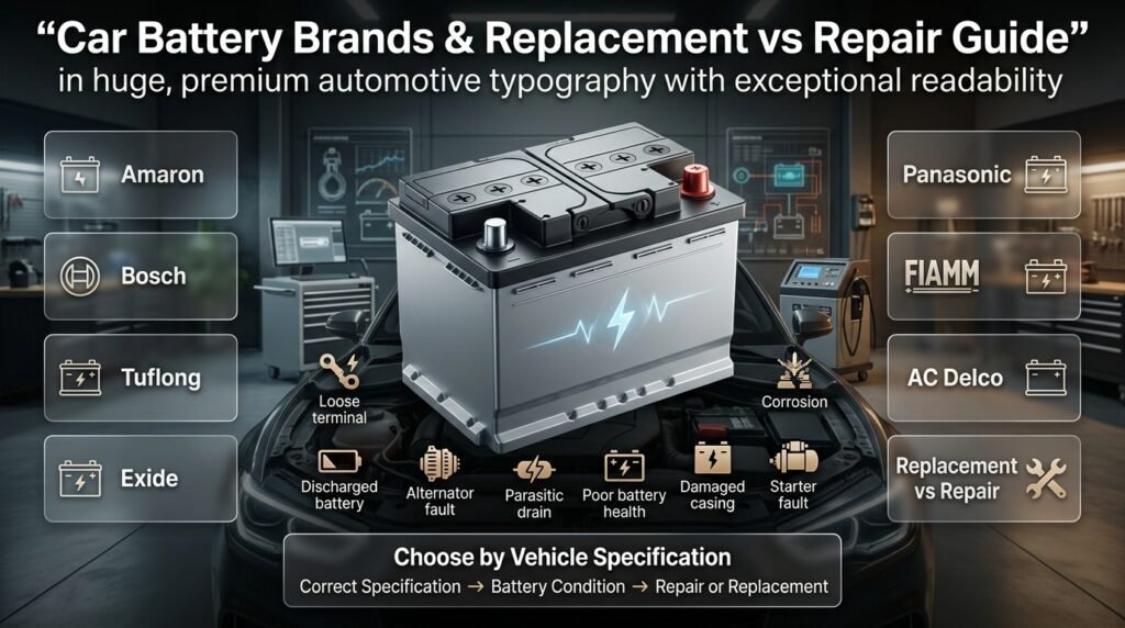 Car battery brands and replacement vs repair guide showing compatibility, battery testing, terminals, alternator and starter faults