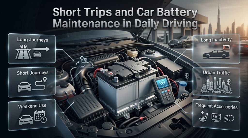 Car battery maintenance infographic showing short trips, long journeys, urban traffic, vehicle inactivity, and electrical-system monitoring.