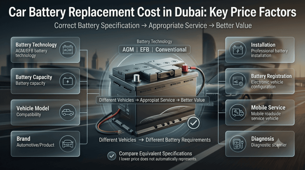 Car battery replacement cost in Dubai depends on battery technology, capacity, vehicle model, brand, installation, and diagnosis.