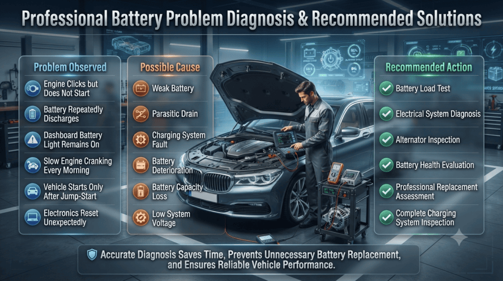 Automotive diagnostic infographic showing common battery problems, their possible causes, and recommended professional inspection and repair solutions.