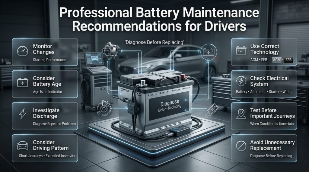 Professional battery maintenance recommendations covering battery age, discharge, driving patterns, testing and correct battery technology