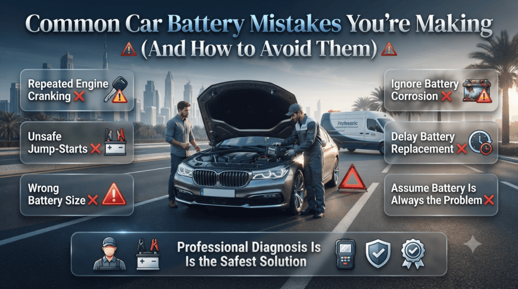 Premium automotive infographic showing common battery emergency mistakes, including repeated engine cranking, unsafe jump-starts, battery corrosion, and the importance of professional diagnosis.