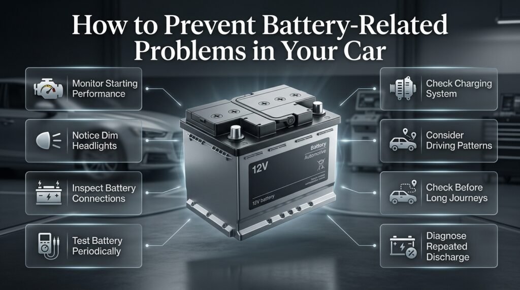 Car battery maintenance infographic showing warning signs, battery testing, charging checks, and preventive maintenance tips.