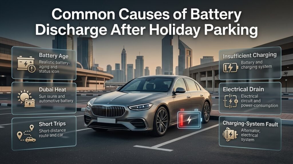 Car battery discharged after holiday parking due to aging, short trips, electrical drain, charging faults, or poor connections.