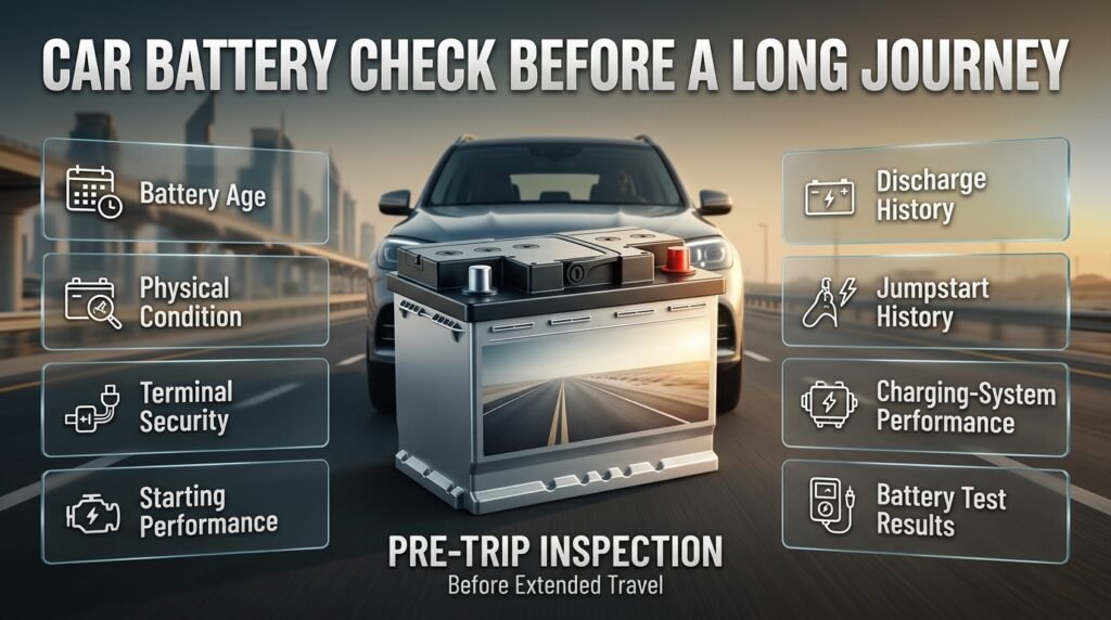 Car battery pre-trip inspection showing battery age, terminals, starting performance, testing, and charging-system checks