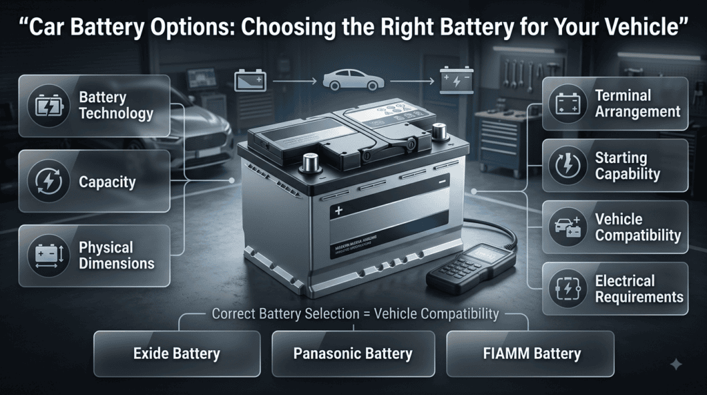 Car battery options showing Exide, Panasonic and FIAMM batteries with capacity, size, terminals and vehicle compatibility factors