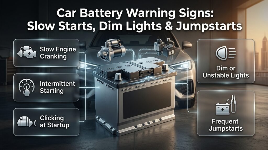Car battery warning signs including slow cranking, clicking startup, dim lights, intermittent starts, and frequent jumpstarts