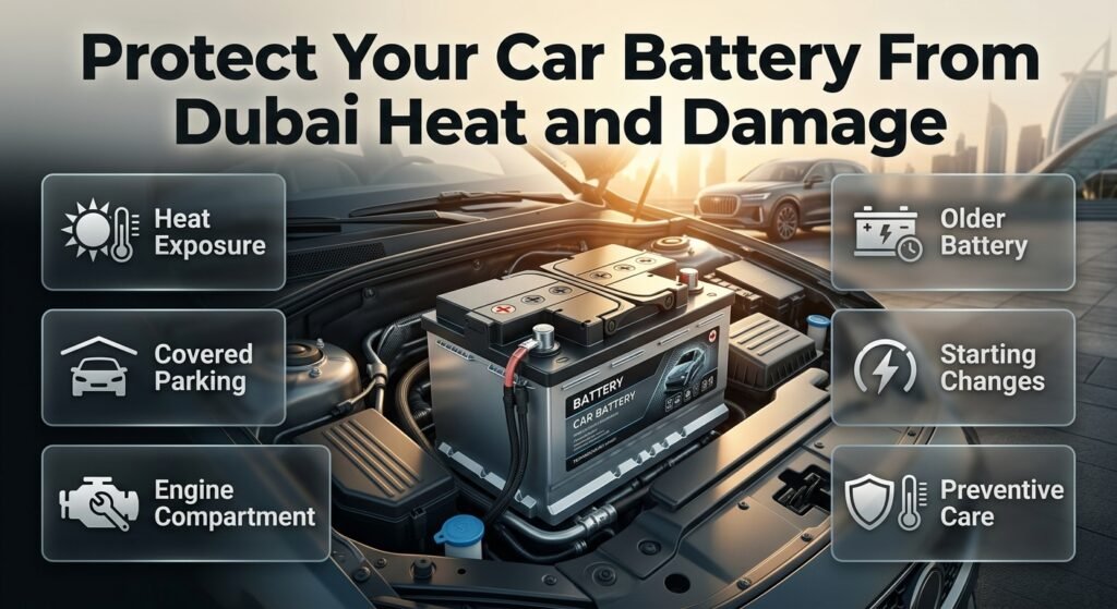 Protect your car battery from Dubai heat with shaded parking, engine care and preventive battery maintenance for reliable starting