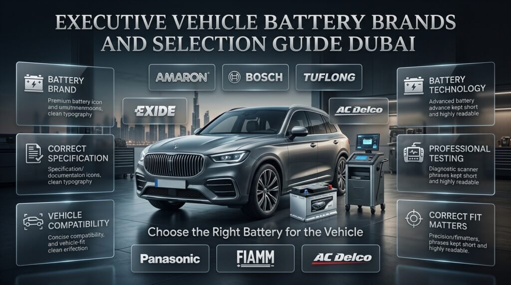 Executive vehicle battery brands in Dubai including Amaron, Bosch, Tuflong, Exide, Panasonic, FIAMM, and AC Delco options.