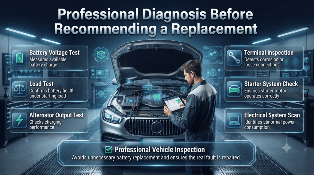 Automotive diagnostic infographic showing professional battery testing before replacement, including voltage testing, load testing, alternator inspection, starter checks, terminal inspection, and electrical system diagnostics.