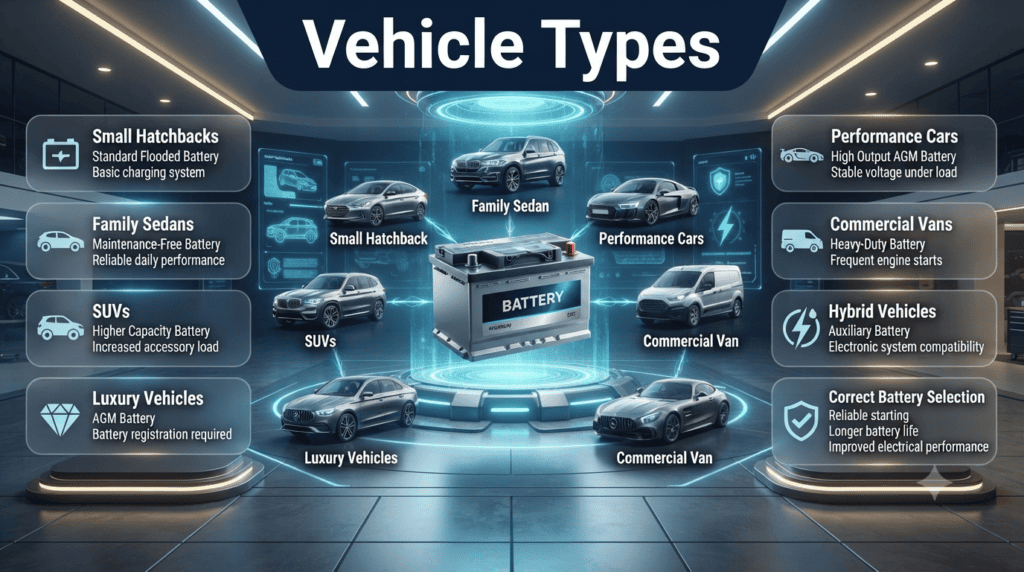 Premium automotive infographic comparing the best battery types for hatchbacks, sedans, SUVs, luxury cars, performance cars, commercial vans, and hybrid vehicles.