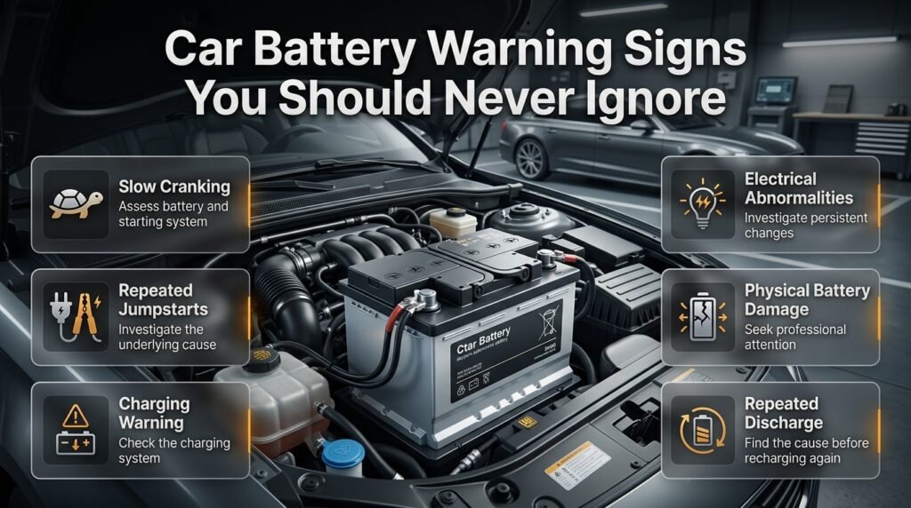 Car battery warning signs including slow cranking, repeated jumpstarts, charging warnings, electrical issues and physical damage