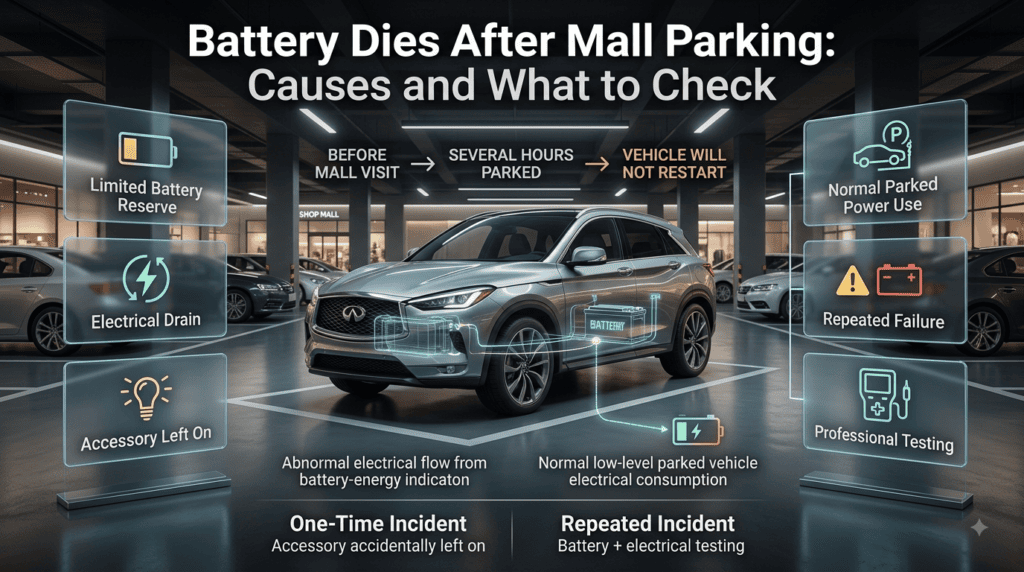 Car battery dies after mall parking, highlighting limited battery reserve, electrical drain, parked vehicle power use, and battery testing.