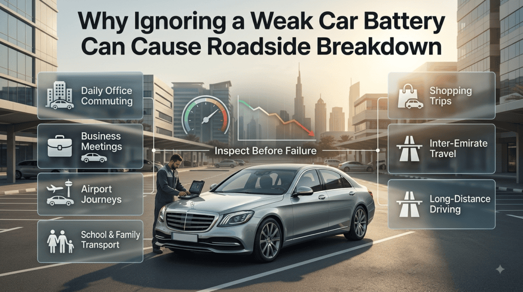Weak car battery warning signs can lead to unexpected roadside breakdowns during commuting, airport trips, shopping, or long journeys.