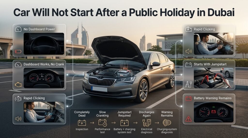 Car won't start after public holiday parking in Dubai, showing dead dashboard, clicking, jumpstart, and battery warning symptoms.
