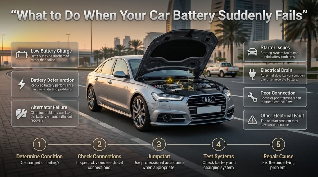 What to do when a car battery suddenly fails, including jumpstart, electrical checks, battery testing and roadside assistance