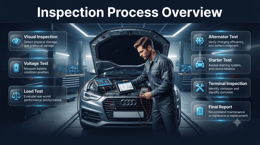 Infographic showing the complete car battery inspection process, including visual inspection, voltage testing, load testing, alternator diagnostics, starter testing, terminal inspection, and final report.