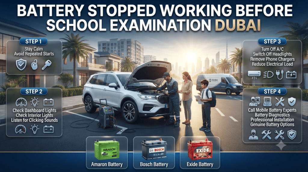 Infographic illustrating the steps to take when a car battery stops working before a school examination in Dubai, including battery checks, reducing electrical load, and calling a mobile battery replacement service.