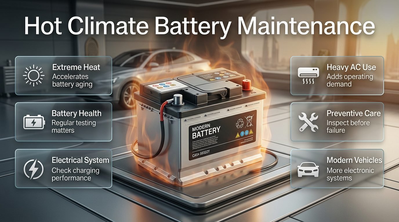 Hot climate battery maintenance in Dubai showing a car battery, heat protection, electrical systems, and preventive vehicle care. Hot Climate Battery Maintenance Guide for Dubai Vehicles