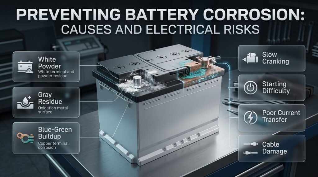 Car battery corrosion explained with terminal deposits, electrical resistance, and warning signs affecting vehicle starting reliability.