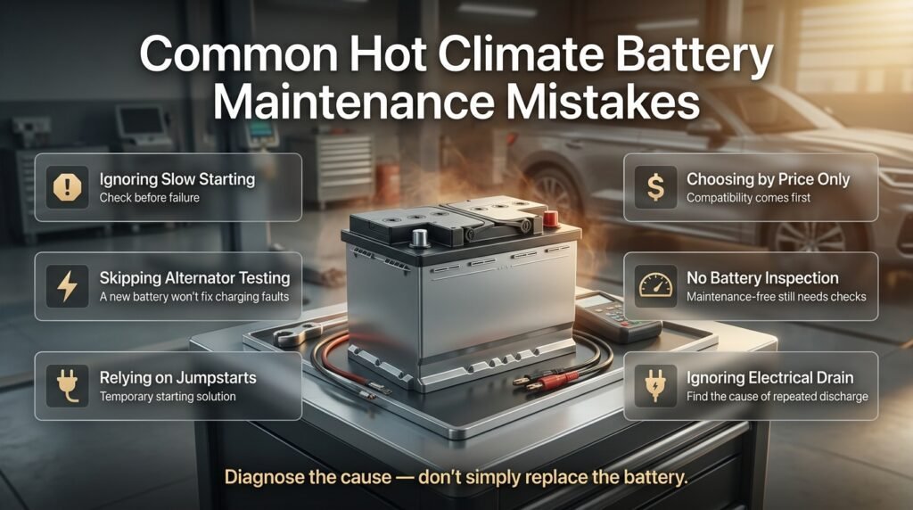 Common hot climate battery maintenance mistakes including slow starting, poor charging diagnosis, jumpstarts, wrong batteries, and electrical drain.
