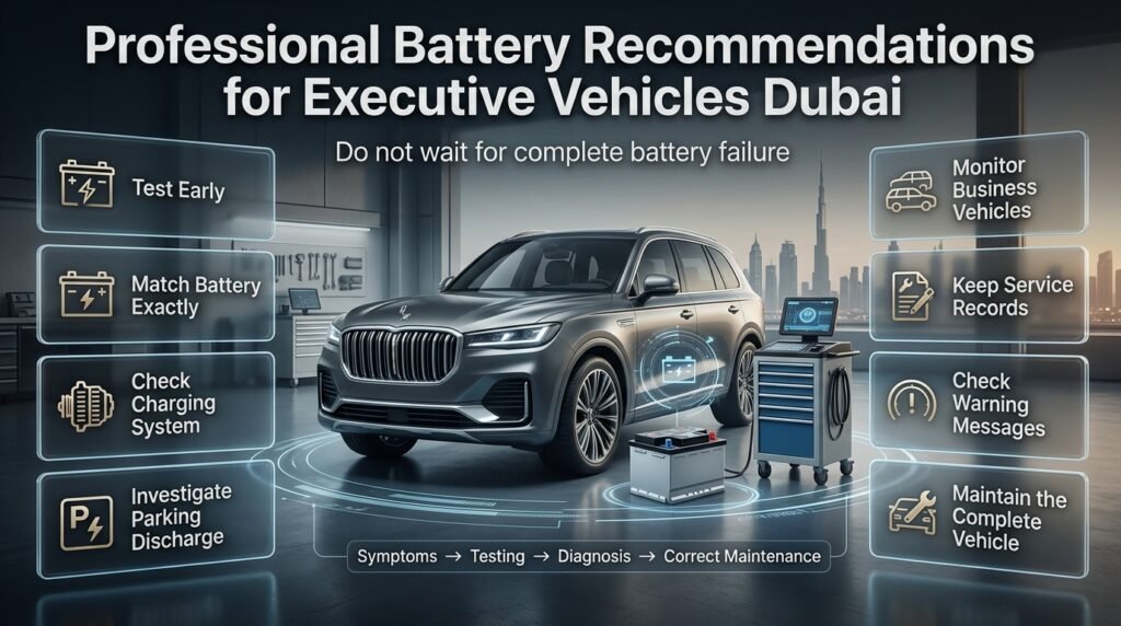 Professional executive vehicle battery recommendations in Dubai covering testing, battery matching, charging checks, discharge diagnosis, and maintenance.